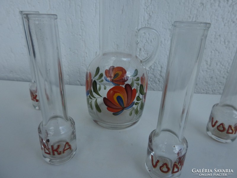 Blown and hand-painted Kalocsa patterned bottles with cups