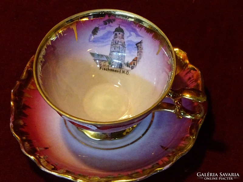 Eigl quality porcelain, tea cup + saucer. Richly gilded with cyclamen color. He has!