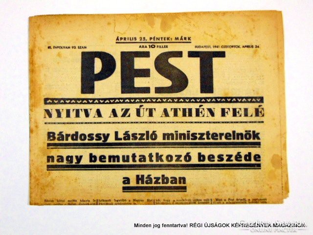 1941 április 24  /  PEST  /  Régi ÚJSÁGOK KÉPREGÉNYEK MAGAZINOK Szs.:  9008