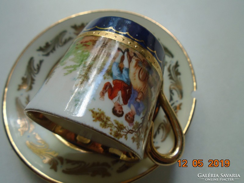 Altwien miniature painting with 3 genre scenes in a panoramic landscape with a mocha cup tray