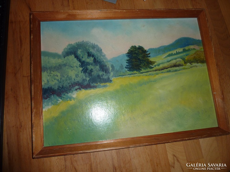 Green landscape, old oil cardboard, without markings