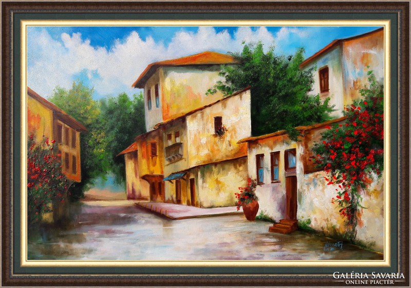 Mediterranean street with flowers 2 oil paintings in a nice frame with free home delivery