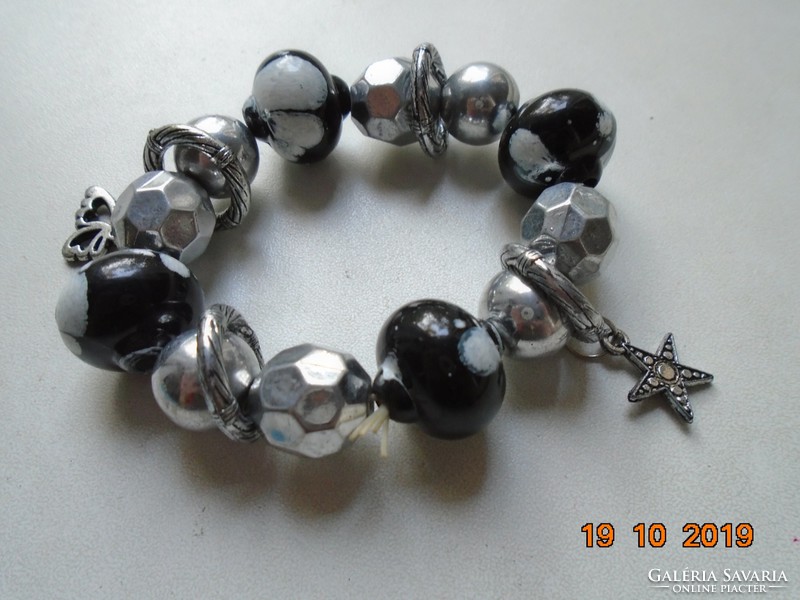 Swarovski with silver beads, black and white patterned spheres, bracelet, rings, pendants
