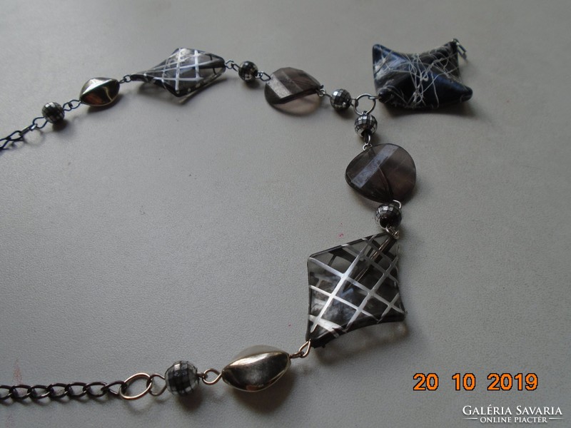 Modern necklace with black silver abstract pattern pendant and beads
