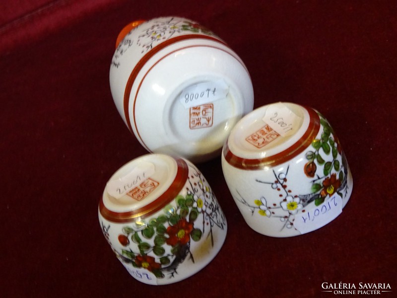 Japanese hand-painted sake set, pourer + two cups. He has!