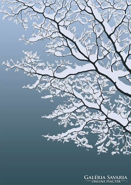 Moira risen: winter is approaching - clear sky. Contemporary, signed fine art print, snowy tree branch with blue sky
