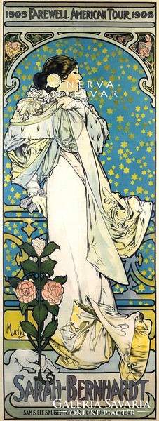 Sarah Bernhardt színházi plakát kaméliás hölgy arany csillagok Mucha 1905 szecessziós plakát reprint