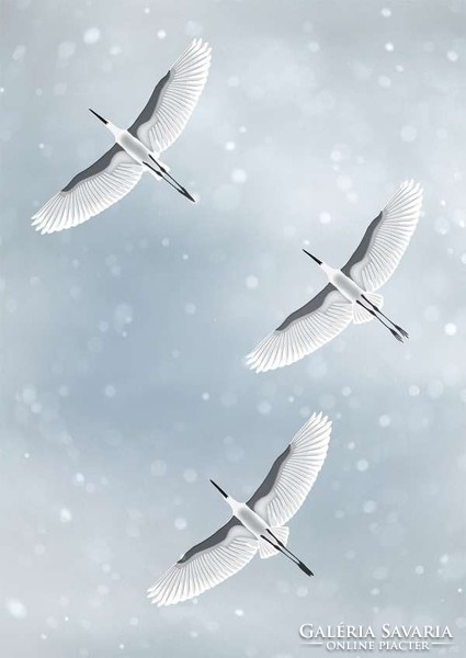 Moira Risen: Tél közeledik - Hóesés. Kortárs, szignált fine art nyomat, repülő madarak, kék ég fehér