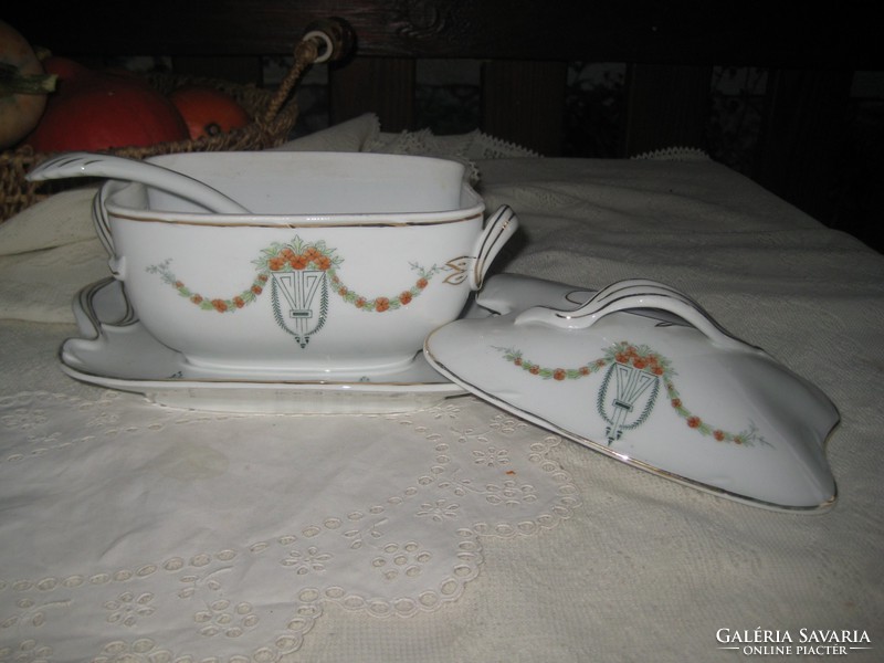 Zsolnay Lukafai very elegant Art Nouveau sauce bowl with dipping spoon 23 x 16 cm