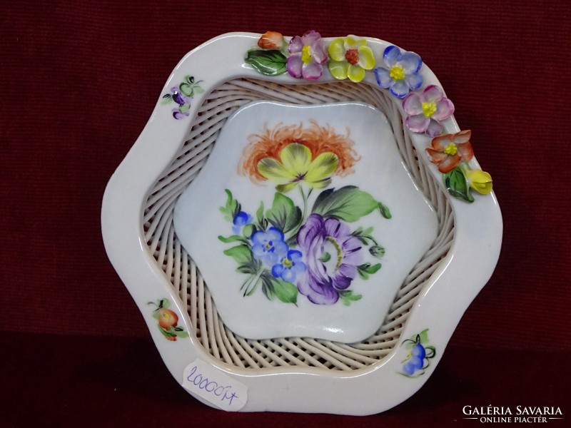 Herendi porcelán antik 6 szögletű asztalközép, Fonott, virágmintákkal. Vanneki!