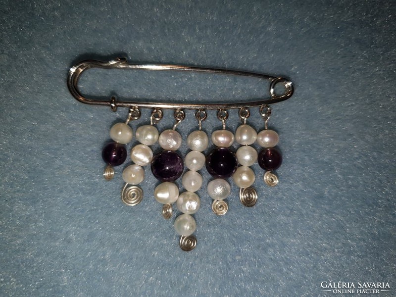 Freshwater cultured pearl+amethyst, brooch, scarf pin, cardigan pin healing, gemstone jewelry
