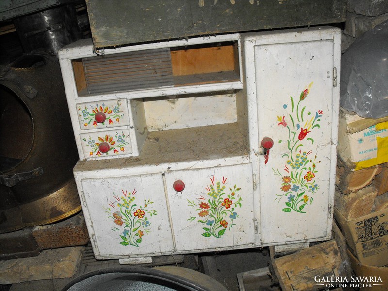 Antik Ritka Nagy 72cm baba konyha tálaló bútor konyhabútor + kis kovácsolt vas ágy