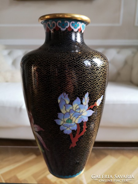 Különleges, 30 x 15 cm, keleti émail cloisonné, rekeszzománc váza