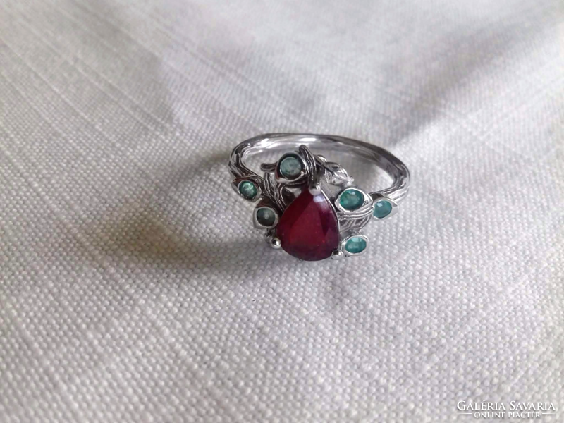 Beautiful natural blood red, ruby & emerald 925 silver ring 6.5/53/16.9
