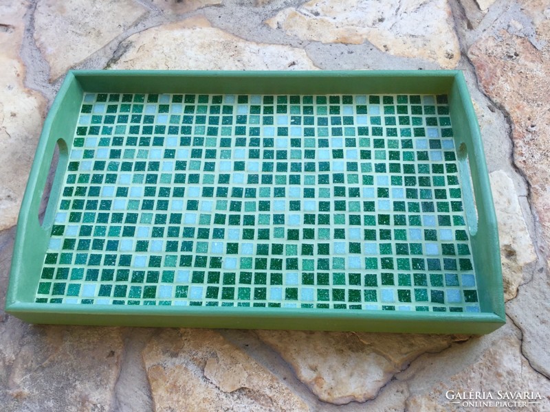 Unique stylish handmade gift green glass mosaic wooden tray