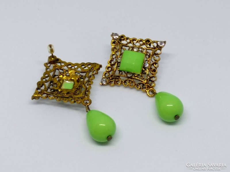 Vintage gold colored, apple green stone earrings