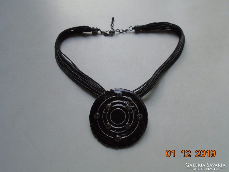 Large fire enamel pendant with stones. With concentric circles, on a multiple chain