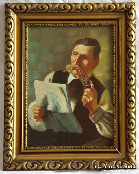 "Marossy Nagy" (Debrecen): Olvasó férfi pipával. 35,4 x 25 cm, aranyozott keretben. 1920-as évek