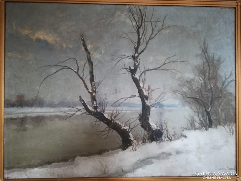 Nándor Siuda: winter landscape - large oil painting in a beautiful frame