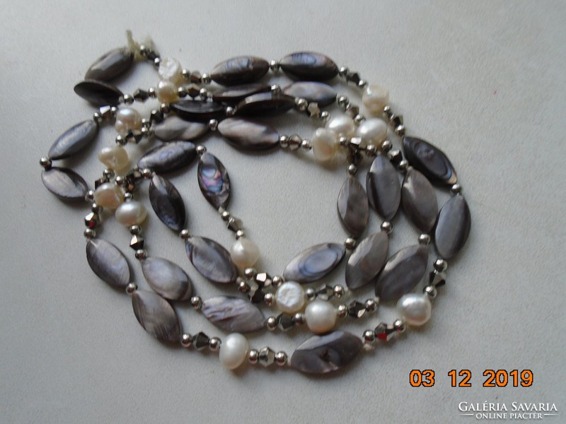 Long necklace with abalone, genuine pearls and silver-colored swarovski faceted pearls 92 cm