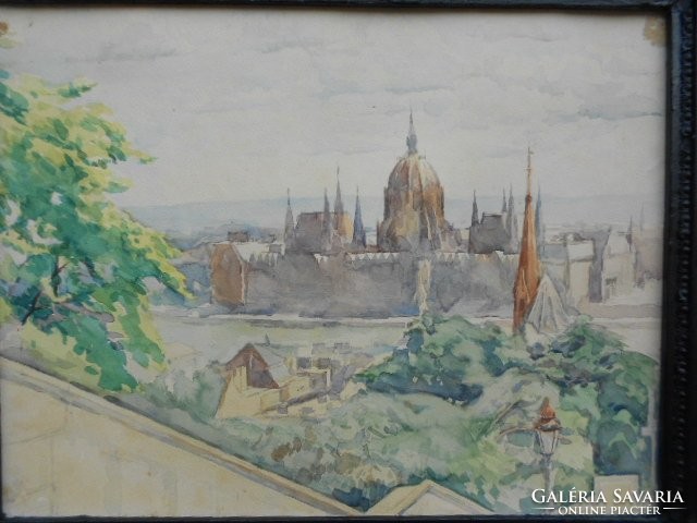 Budapest Parlamenti látkép, karton-akvarell. 1930-as évek Ritka, eredeti, hibátlan.Jelzett.