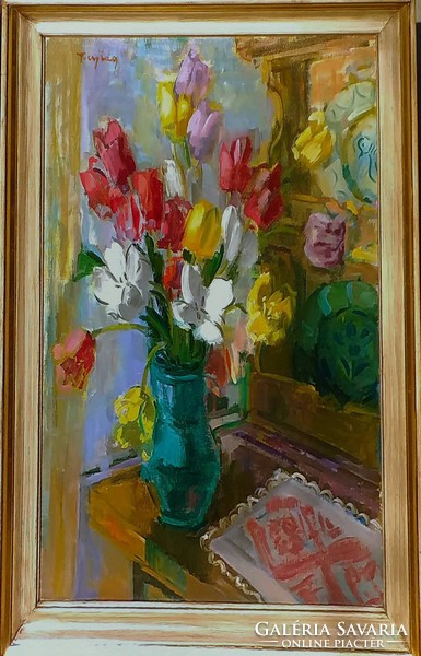 Freytag Zoltán (1901 - 1983): Tulipán csokor asztalon