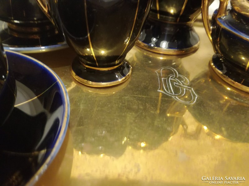 Art deco cobalt blue richly gilded mocha set with monogram marked argentor tray