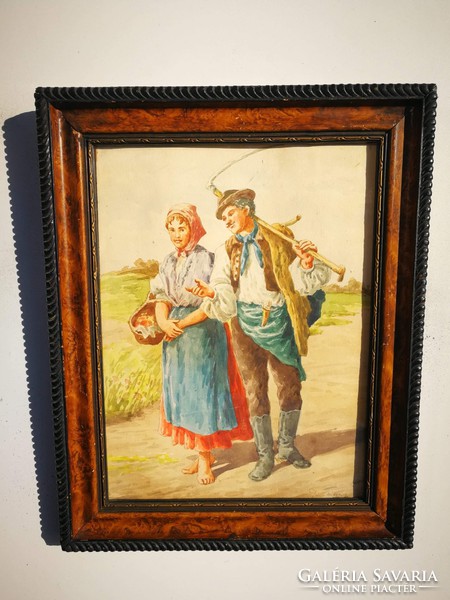 Antique then 100 year old, old signed watercolor village life chat