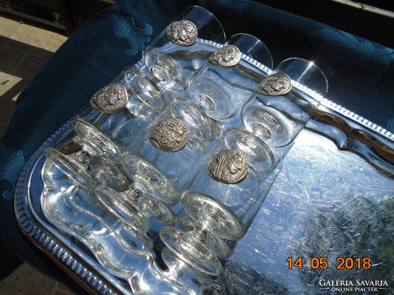 Antik ón érmék veretével talpas kristályüveg pohárkészlet Ratal Zinn Münzen 11 cm