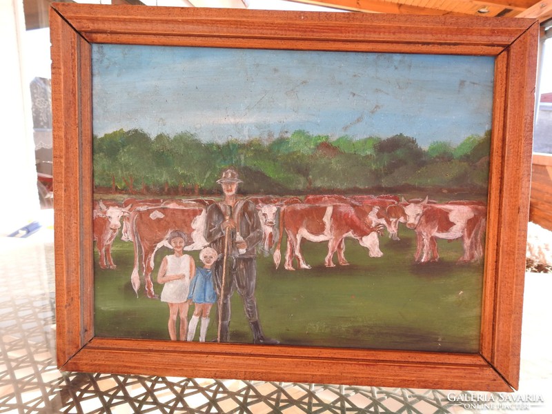Peasant family - idyllic painting - portrait oil / cardboard