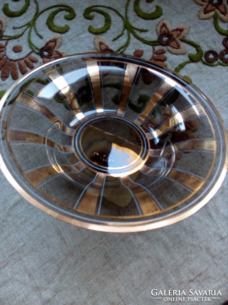 Arany csíkos modern füst-üveg dísztál-25,8 cm