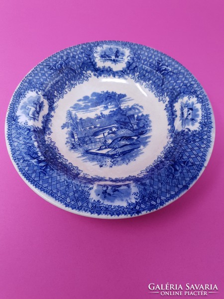 Angol antik vadászjelenetes kobaltkék fajansz fali dísz tányér