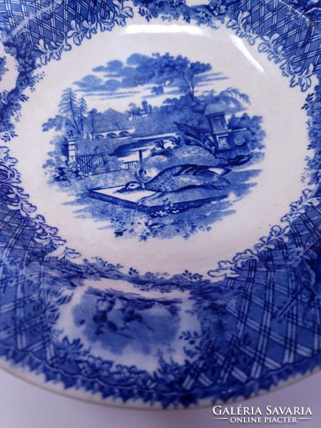 Angol antik vadászjelenetes kobaltkék fajansz fali dísz tányér
