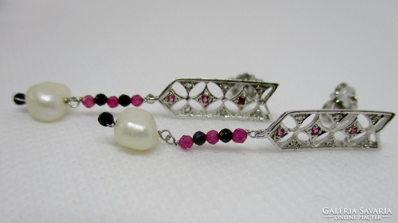 Beautiful handcrafted silver earrings with real diamonds, rubies, sapphires, and pearls