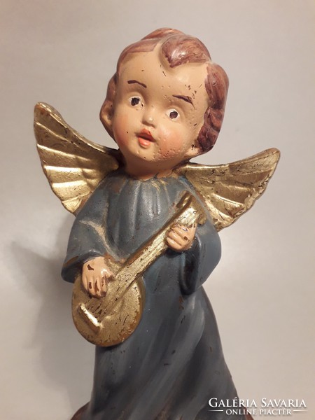 Solid wax angel with golden wings in blue dress angel face 17 cm figure statue