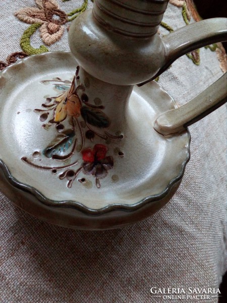 Vintage hand-painted Italian ceramic candle holder with colorful scratched flower bouquet
