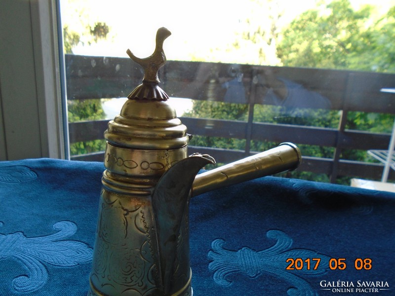 Antique Bedouin dallah chiseled flower pattern coffee pot with bird
