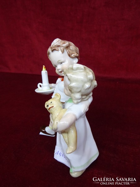 Német porcelán figurális szobor, gyermek pár, macival és gyertyával. Vanneki!