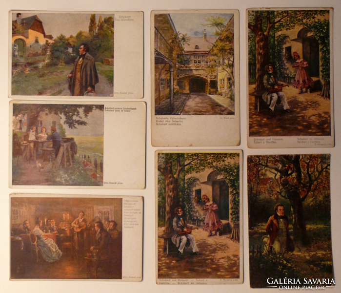 7 db üdvözlőlap, 1910-es évek: Franz Schubert zeneszerző, Wiener Kunst, Wiener Künstler Grüsse