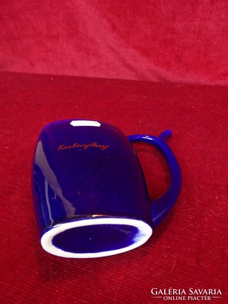 Kobalt kék porcelán ivókúra pohár, Karlovy Vary felirattal. 12 cm magas. Vanneki!