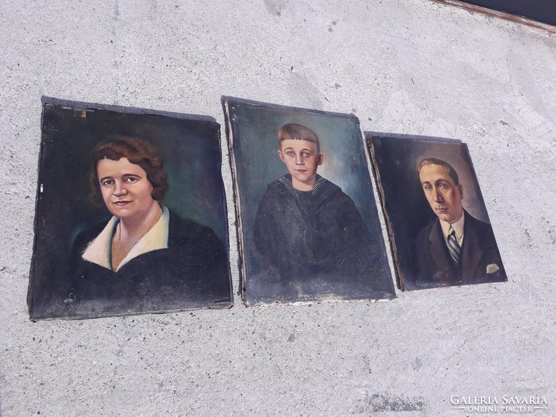 Antik festmény Szőke Győző  (1899 -1974 ) - 3 db antik olaj  vászon festmény portré - egy családról