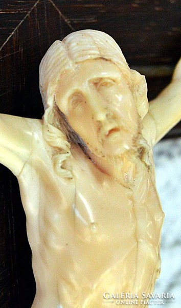 30. Antik, CSONT Jézus Krisztus 16.3cm, 45cm feszület, aprólékos, kereszt, korpusz