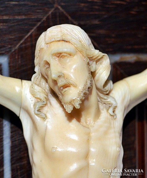 30. Antik, CSONT Jézus Krisztus 16.3cm, 45cm feszület, aprólékos, kereszt, korpusz