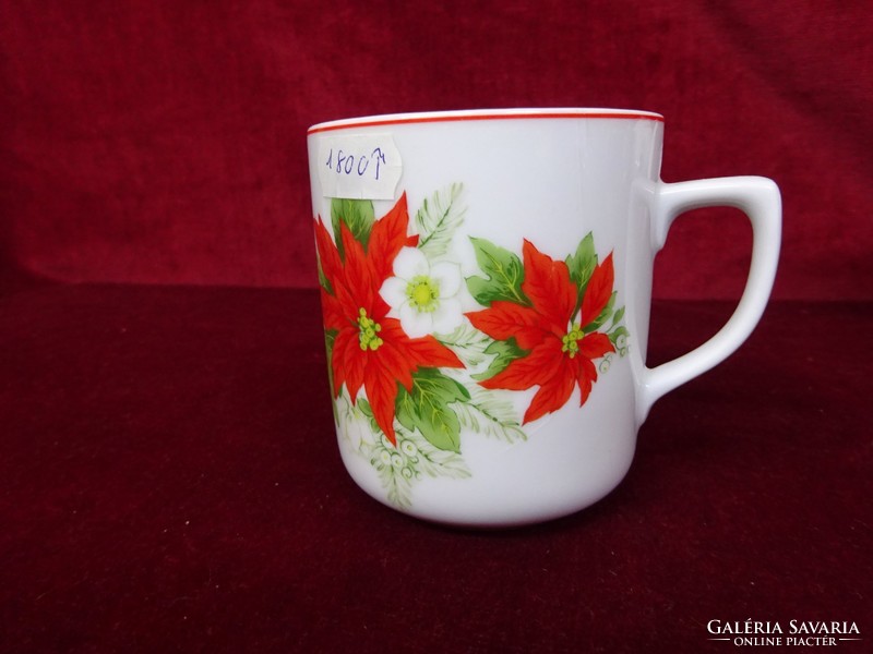 Quality Czech porcelain mug with poinsettia. He kept it in a display case. He has!