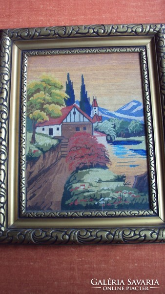 Very fine design, almost painting, antique tapestry landscape, original flawless frame.