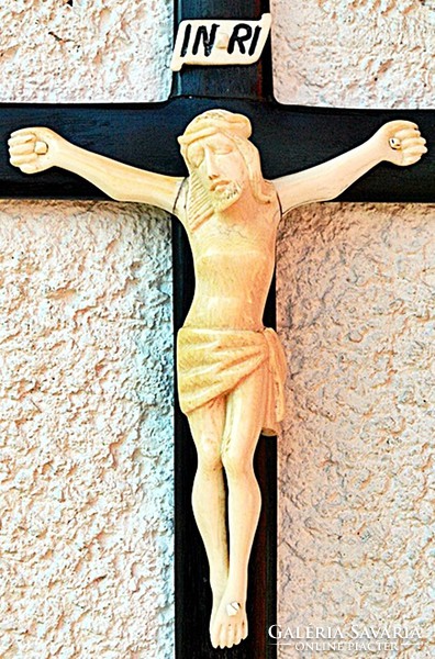 2. Antik, CSONT Jézus Krisztus (19cm), 35cm feszület, ÉBENFA (VASFA!) kereszt, korpusz.