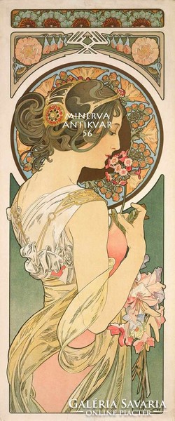 Kankalin (és toll) Mucha szecessziós plakát, nőalak virággal Vintage/antik plakát reprint