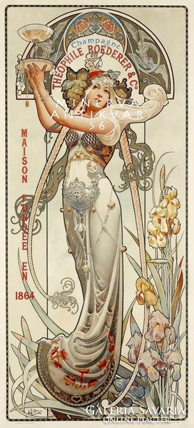 Szecessziós nőalak Alfons Mucha stílusában. Vintage/antik pezsgő reklám plakát reprint