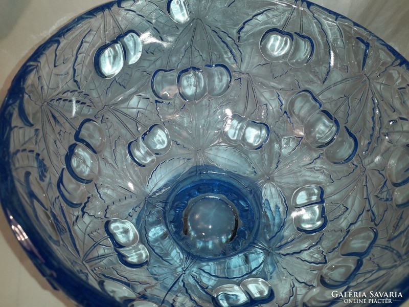 Barolac cseresznye mintás kék üveg talpas kínáló tál asztalközép