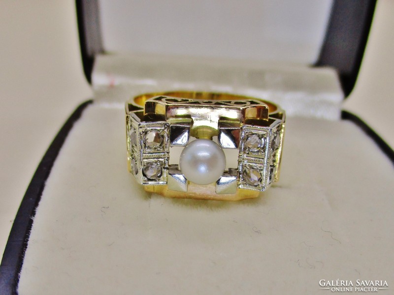Csodálatos  antik art deco 18kt arany gyűrű gyönggyel és 0,24ct gyémánttal akció!